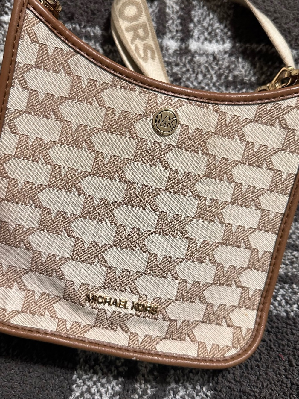 Michael Kors Beige and Tan Monogram Crossbody Bag